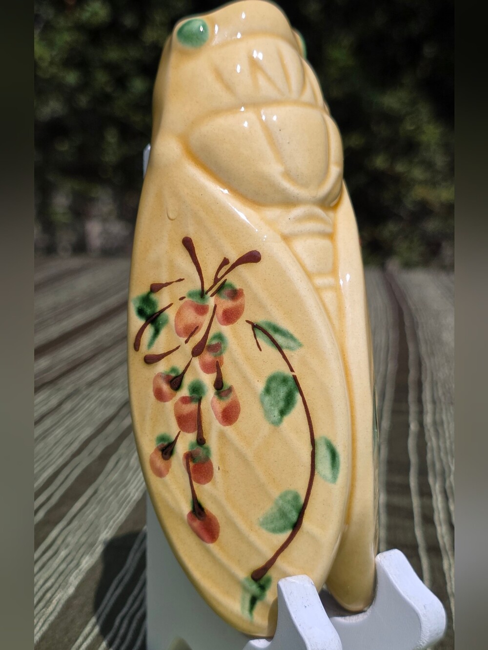Vintage French Majolica Cicada Wall Pocket 7" Yellow Planter Cherry Motif